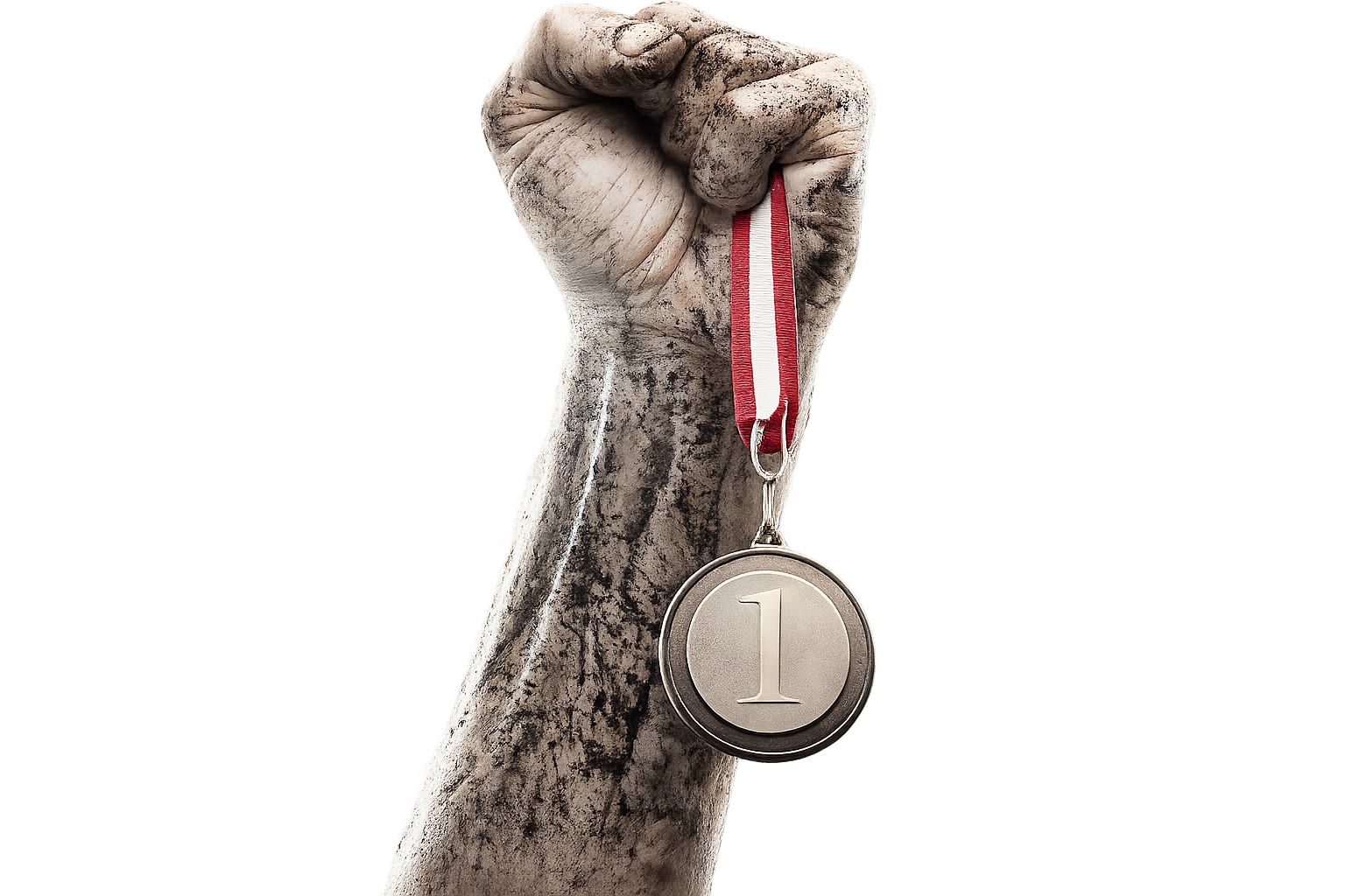 Raised hand holding a first-place medal